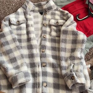 fuzzy oversized flannel from target XL but i am a small and it fits like an M-L